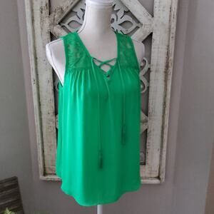 By & By Women's Junior Sleeveless Crochet Lace Tassel Tie Tank Top in Green